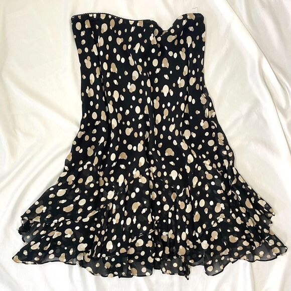 Early 2000's Cream White Polkadot Black Mesh Tiered Frilly Midi Skirt 14 / L - Picture 6 of 7